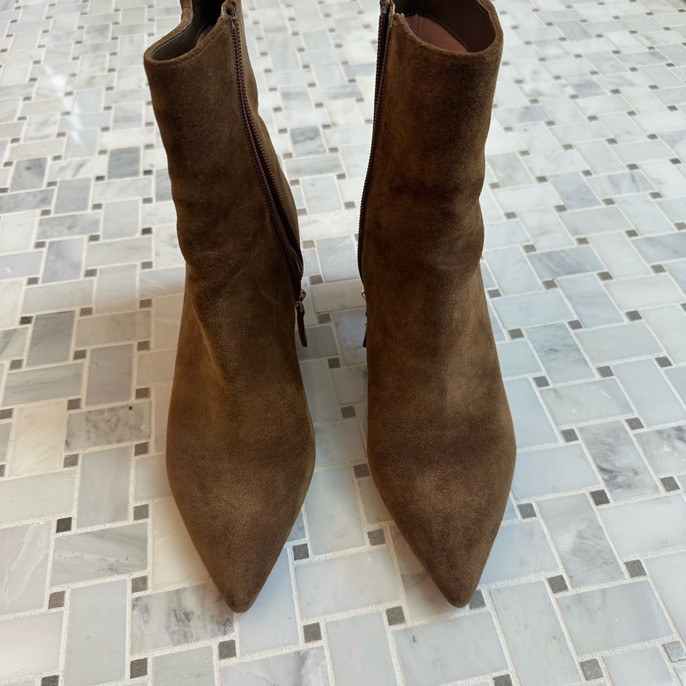 J. Crew Brown Ankle Boots with Pointed Toe and Chunky Heel